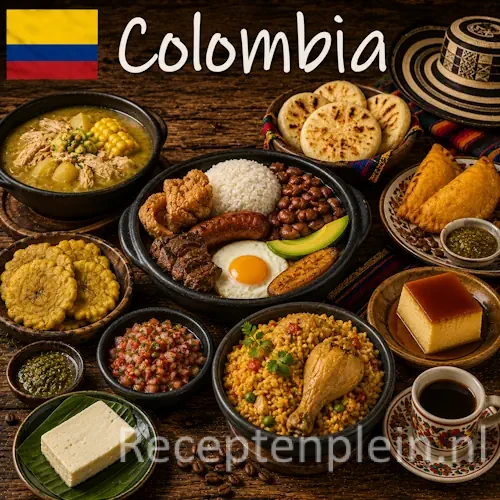 Colombiaanse keuken met arepa's, rijst, vlees, bakbananen en traditionele gerechten uit Colombia op een rustieke houten tafel