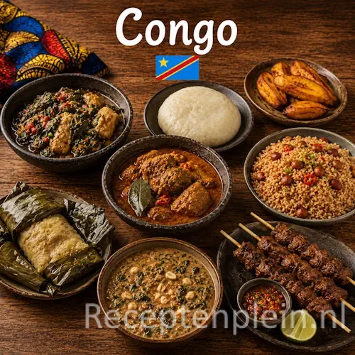 Congolese keuken met moambe, pondu, rijst, bakbananen en traditionele gerechten uit Congo op een rustieke houten tafel