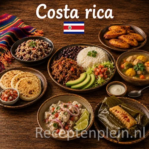 Costa Ricaanse keuken met gallo pinto, rijst, bonen, tropisch fruit en traditionele gerechten uit Costa Rica op een rustieke houten tafel