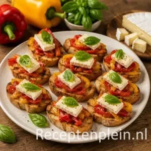 Crostini met paprika en Magor op geroosterde ciabatta met basilicum als garnering