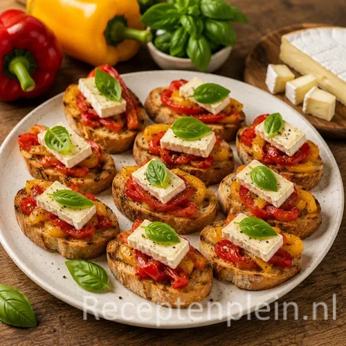 Crostini met paprika en Magor op geroosterde ciabatta met basilicum als garnering