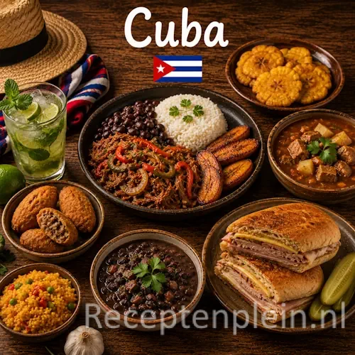 Cubaanse keuken met ropa vieja, rijst, zwarte bonen, gegrild vlees en traditionele gerechten uit Cuba op een rustieke houten tafel