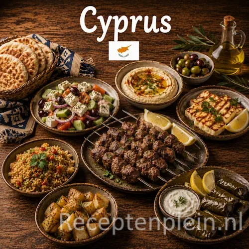 Cypriotische keuken met mezze, halloumi, gegrild vlees, vis en mediterrane specialiteiten op een rustieke houten tafel