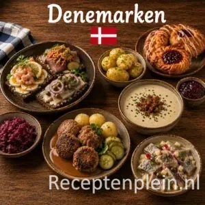 Deense keuken met smørrebrød, vis, aardappelen, roggebrood en traditionele gerechten uit Denemarken op een rustieke houten tafel