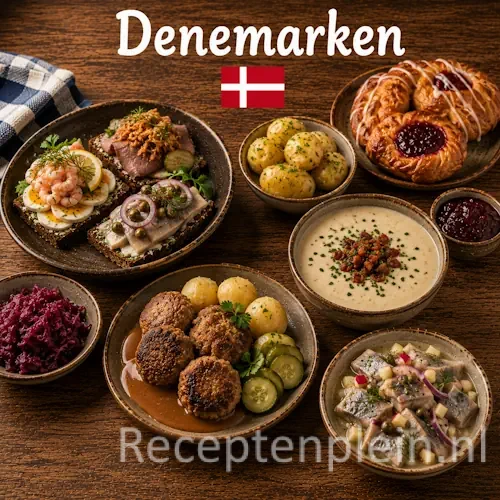 Deense keuken met smørrebrød, vis, aardappelen, roggebrood en traditionele gerechten uit Denemarken op een rustieke houten tafel
