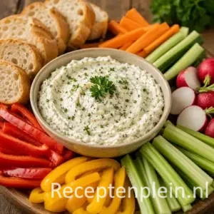Dippen met Boursin en Boursin dip geserveerd met verse groenten en stokbrood op een houten borrelplank