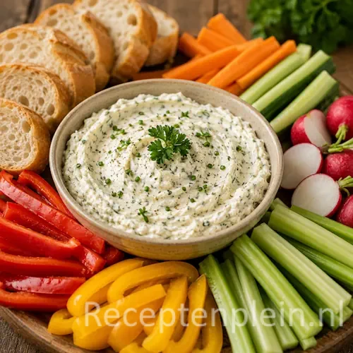 Dippen met Boursin en Boursin dip geserveerd met verse groenten en stokbrood op een houten borrelplank