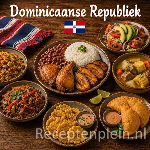 Dominicaanse keuken met sancocho, mangú, rijst, bonen en traditionele gerechten uit de Dominicaanse Republiek op een rustieke houten tafel