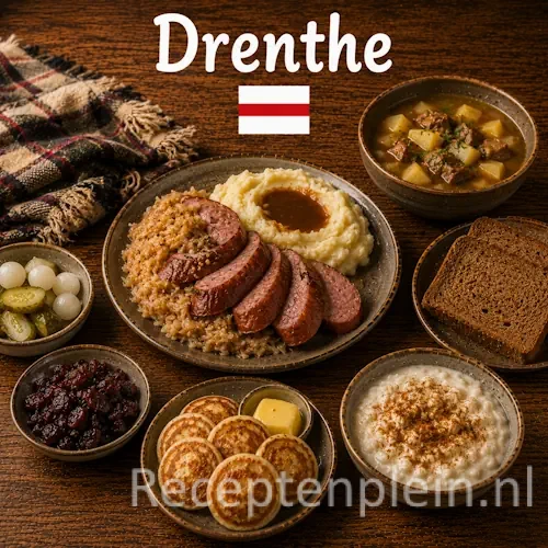 Drentse keuken met streekgerechten, roggebrood, stamppot, vleesgerechten en traditionele specialiteiten uit Drenthe op een rustieke houten tafel