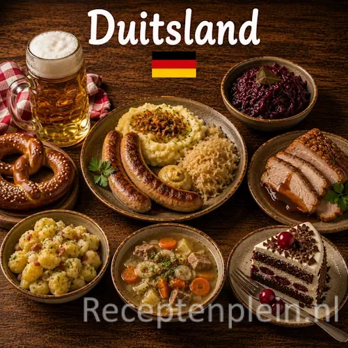 Duitse keuken met schnitzel, bratwurst, aardappelgerechten en traditionele specialiteiten uit Duitsland op een rustieke houten tafel