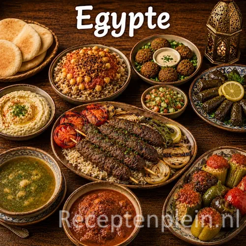 Egyptische keuken met koshari, falafel, gevulde groenten en traditionele gerechten uit Egypte op een rustieke houten tafel