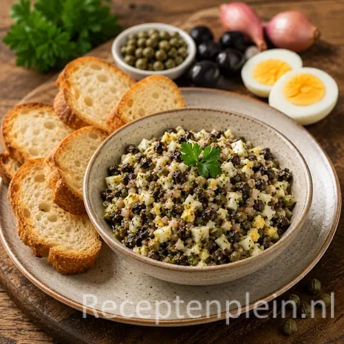 Ei tapenade met olijven, ansjovis en kappertjes geserveerd in een schaaltje met toastjes