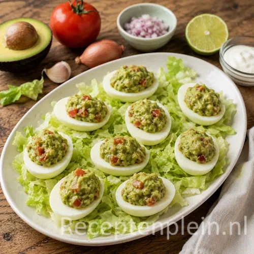 Eieren met guacamole gevuld met romige avocado, tomaat en limoen op een schaal met verse sla