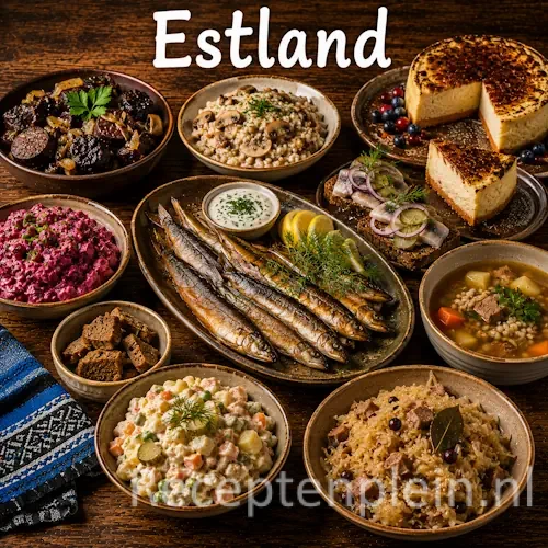 Estse keuken met roggebrood, gerookte vis, aardappelen, paddenstoelen en traditionele gerechten uit Estland op een rustieke houten tafel