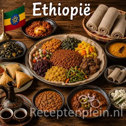 Ethiopische keuken met injera, doro wat, linzengerechten en traditionele specialiteiten uit Ethiopië op een rustieke houten tafel