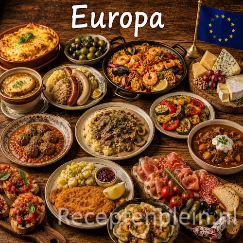 Europese keuken met pasta, vis, vlees, groenten en traditionele gerechten uit verschillende Europese landen op een rustieke houten tafel