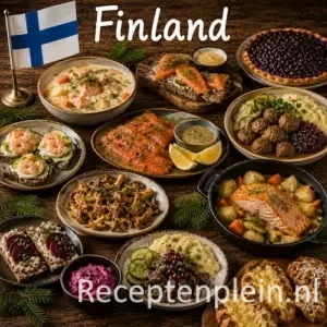 Finse keuken met zalm, roggebrood, aardappelen, bessen en traditionele gerechten uit Finland op een rustieke houten tafel
