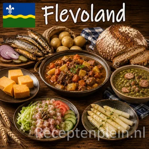 Flevolandse keuken met streekproducten, visgerechten, aardappelen, groenten en lokale specialiteiten uit Flevoland op een rustieke houten tafel