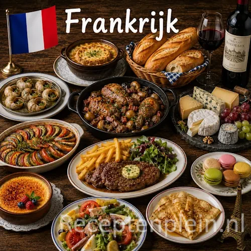Franse keuken met kazen, stoofgerechten, quiche en traditionele gerechten uit Frankrijk op een rustieke houten tafel