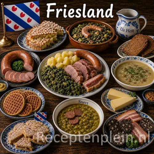 Friese keuken met zuivel, vis, aardappelen en traditionele streekgerechten uit Friesland op een rustieke houten tafel