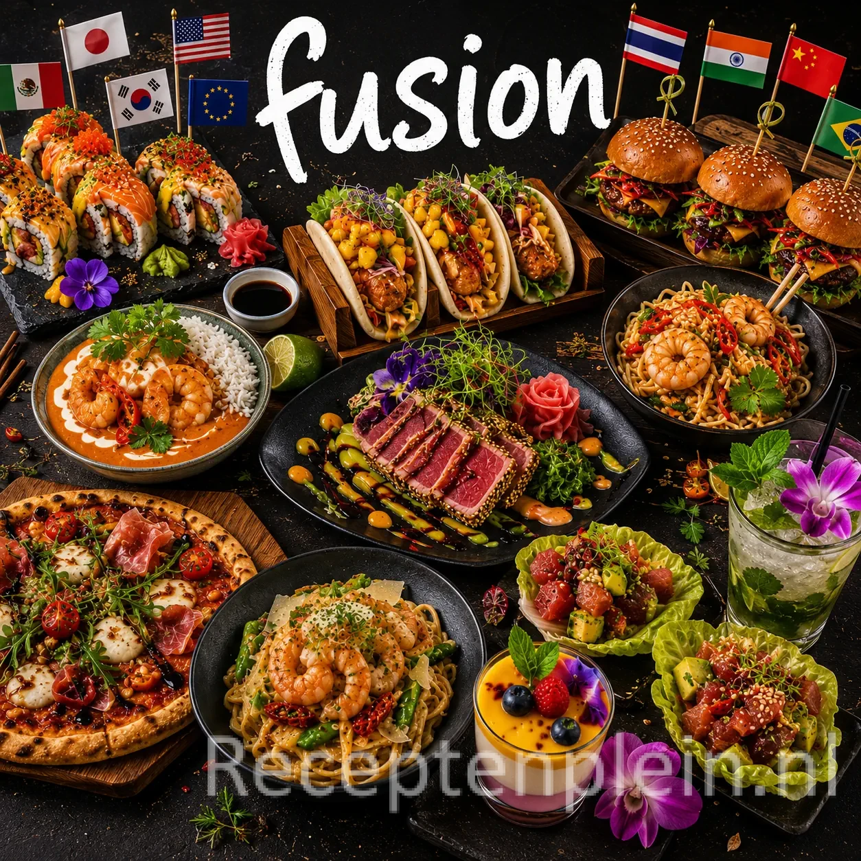 Fusion keuken met internationale gerechten, wereldse smaken en creatieve combinaties op een rustieke houten tafel