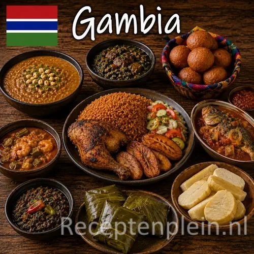 Gambiaanse keuken met rijstgerechten, vis, pindasauzen en traditionele gerechten uit Gambia op een rustieke houten tafel