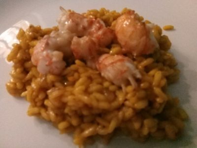 Geflambeerde langoustines met risotto