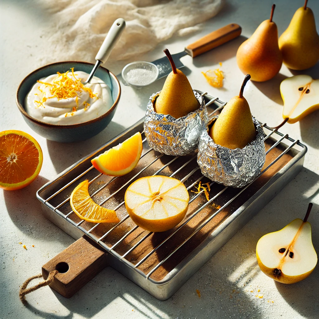 Gegrilde Peren met Sinaasappel en Crème Fraîche