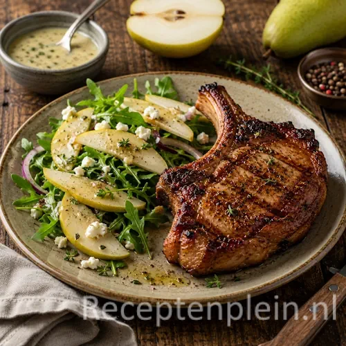 Gegrilde ribkarbonade met frisse perendressing en gegrilde peer op een barbecue