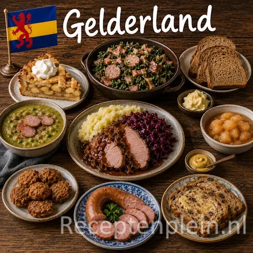 Gelderse keuken met wildgerechten, Betuws fruit, streekproducten en traditionele recepten uit Gelderland op een rustieke houten tafel