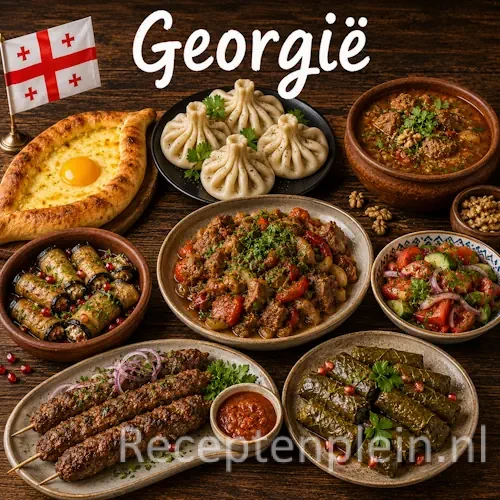 Georgische keuken met khachapuri, khinkali, kruiden, kaas en traditionele gerechten uit Georgië op een rustieke houten tafel