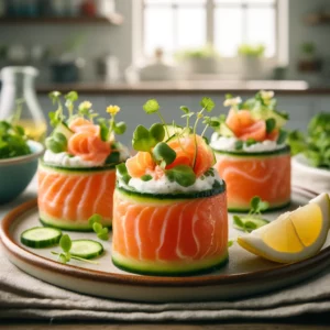 Gerookte Zalm Timbale met Palingsurprise en Komkommer