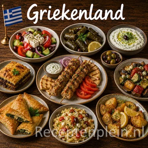 Griekse keuken met moussaka, souvlaki, feta, olijven en traditionele gerechten uit Griekenland op een rustieke houten tafel