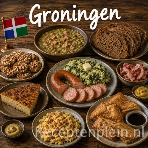 Groningse keuken met streekproducten, aardappelen, vis, zuivel en traditionele gerechten uit Groningen op een rustieke houten tafel