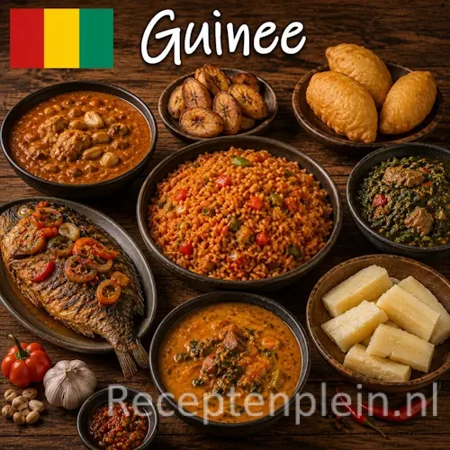 Guinese keuken met rijstgerechten, vis, groenten, pinda's en traditionele gerechten uit Guinee op een rustieke houten tafel