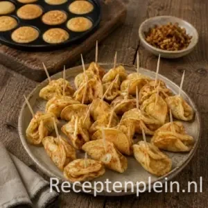 Hartige Poffers gevouwen mini flensjes met cocktailprikker op een serveerschaal