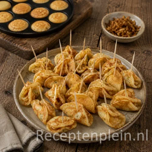 Hartige Poffers gevouwen mini flensjes met cocktailprikker op een serveerschaal
