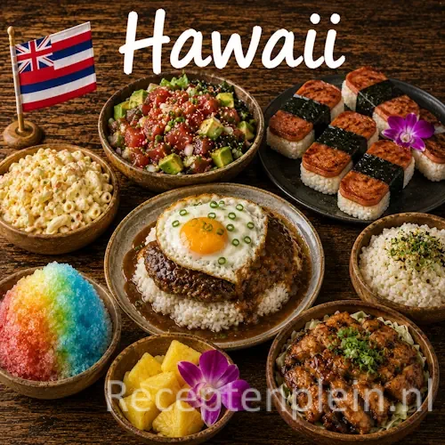 Hawaïaanse keuken met poké bowls, verse vis, tropisch fruit en traditionele gerechten uit Hawaï op een rustieke houten tafel
