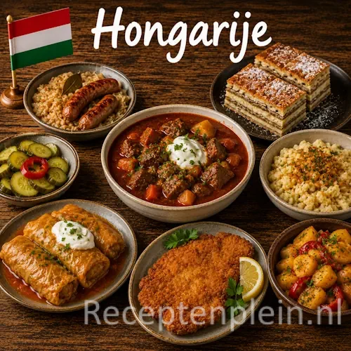 Hongaarse keuken met goulash, paprika, stoofgerechten en traditionele gerechten uit Hongarije op een rustieke houten tafel