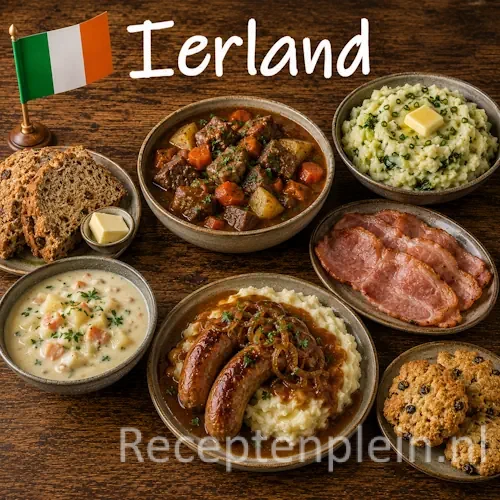 Ierse keuken met Irish Stew, aardappelen, vis, zuivel en traditionele gerechten uit Ierland op een rustieke houten tafel
