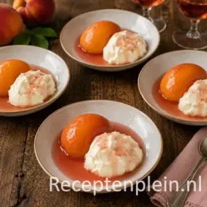 Rosé Perziken met Mascarpone geserveerd met romige mascarpone en zoete rosésiroop
