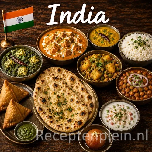 Indiase keuken met curry's, rijstgerechten, kruiden, peulvruchten en traditionele gerechten uit India op een rustieke houten tafel