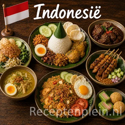 Indonesische keuken met nasi goreng, saté, rendang, rijstgerechten en traditionele gerechten uit Indonesië op een rustieke houten tafel