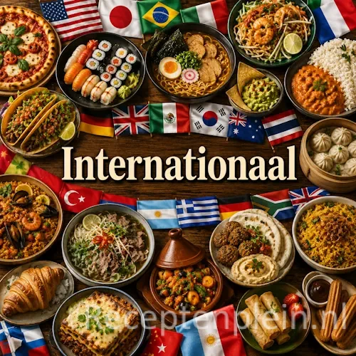 Internationale keuken met gerechten uit Azië, Europa, Afrika en Amerika op een rustieke houten tafel