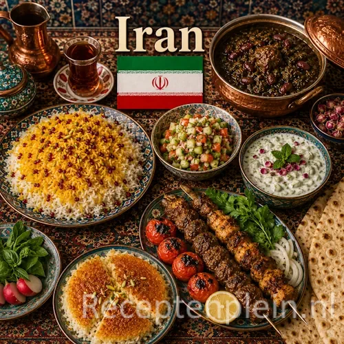 Iraanse keuken met saffraanrijst, kebab, stoofgerechten en traditionele gerechten uit Iran op een rustieke houten tafel