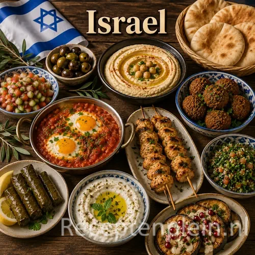 Israëlische keuken met hummus, falafel, shakshuka, salades en traditionele gerechten uit Israël op een rustieke houten tafel