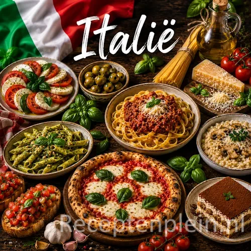 Italiaanse keuken met pasta, pizza, risotto, kaas en traditionele gerechten uit Italië op een rustieke houten tafel
