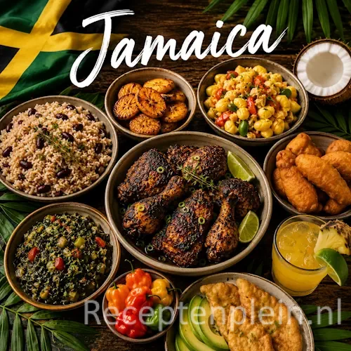 Jamaicaanse keuken met jerk chicken, rijst, tropische gerechten en traditionele recepten uit Jamaica op een rustieke houten tafel