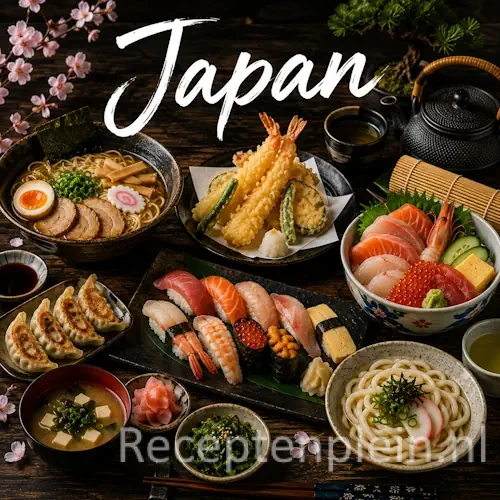 Japanse keuken met sushi, ramen, rijstgerechten, vis en traditionele gerechten uit Japan op een rustieke houten tafel