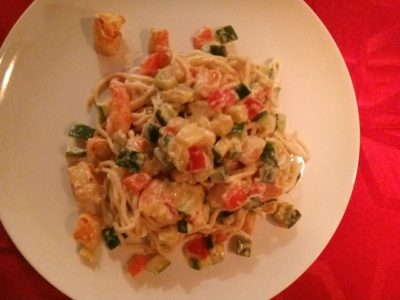Japanse noedels met pittige gamba’s en mascarpone